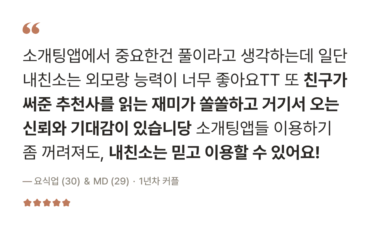 후기 — 소개팅앱에서 중요한 건 풀이라고 생각하는데 일단 내친소는 외모랑 능력이 너무 좋아요. 또 친구가 써준 추천사를 읽는 재미가 쏠쏠하고 거기서 오는 신뢰와 기대감이 있습니다. 내친소는 믿고 이용할 수 있어요! — 요식업(30) & MD(29) · 1년차 커플