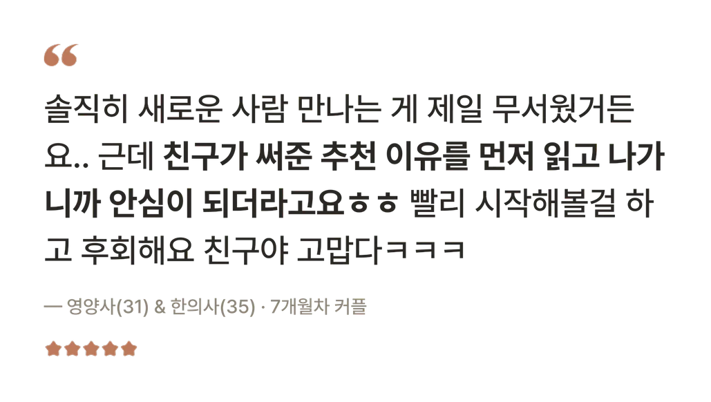 후기 — 솔직히 새로운 사람 만나는 게 제일 무서웠거든요.. 근데 친구가 써준 추천 이유를 먼저 읽고 나가니까 안심이 되더라고요 빨리 시작해볼걸 하고 후회해요 친구야 고맙다 — 영양사(31) & 한의사(35) · 7개월차 커플